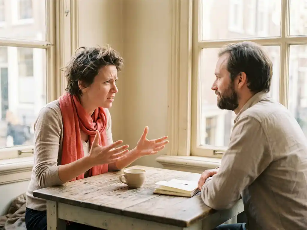 Gefrustreerde marketeer in gesprek met rustige collega aan houten cafétafel in Amsterdam, koffiekopje en notitieboekje op tafel.