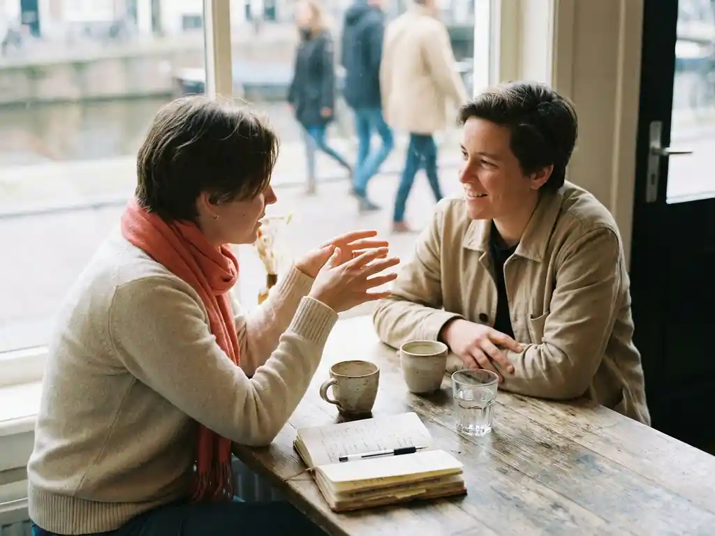 Twee mensen in gesprek aan een versleten houten cafétafel in Amsterdam, met koffiekopjes en een open notitieboek.
