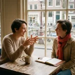 Twee mensen in gesprek aan een versleten houten cafétafel in Amsterdam, met koffie en een notitieboek, warm natuurlijk licht.