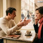 Twee mensen in gesprek aan een versleten houten cafétafel in Amsterdam, met keramische koffiekopjes en een notitieboek in warm natuurlijk licht.