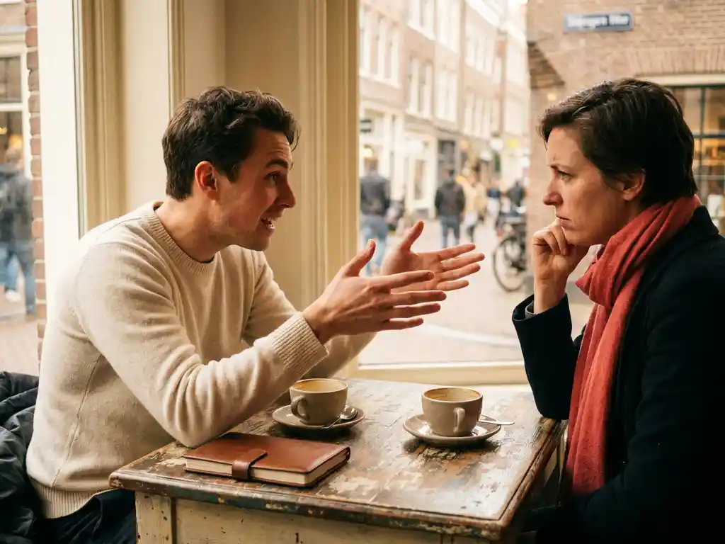 Twee mensen in gesprek aan een versleten houten cafétafel in Amsterdam, met keramische koffiekopjes en een notitieboek in warm natuurlijk licht.