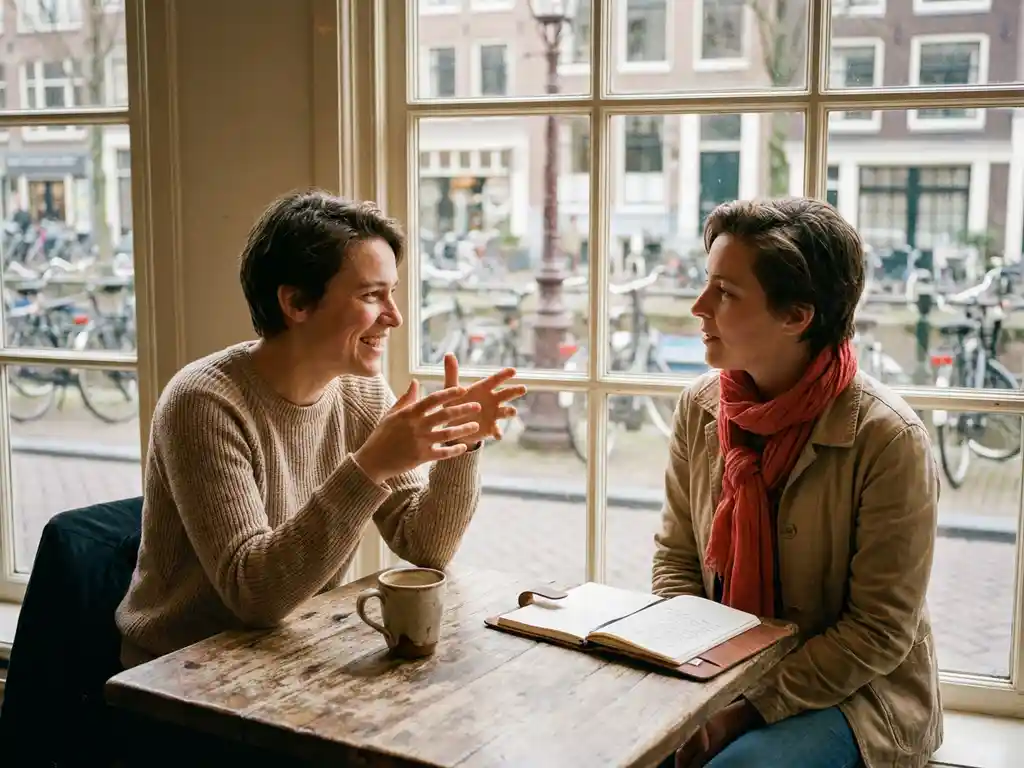 Twee mensen in gesprek aan een versleten houten cafétafel in Amsterdam, met koffie en een notitieboek, warm natuurlijk licht.
