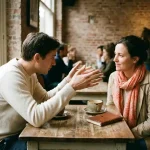 Twee mensen in gesprek aan een versleten houten cafétafel in Amsterdam, met een koffiekopje en notitieboekje erbij.