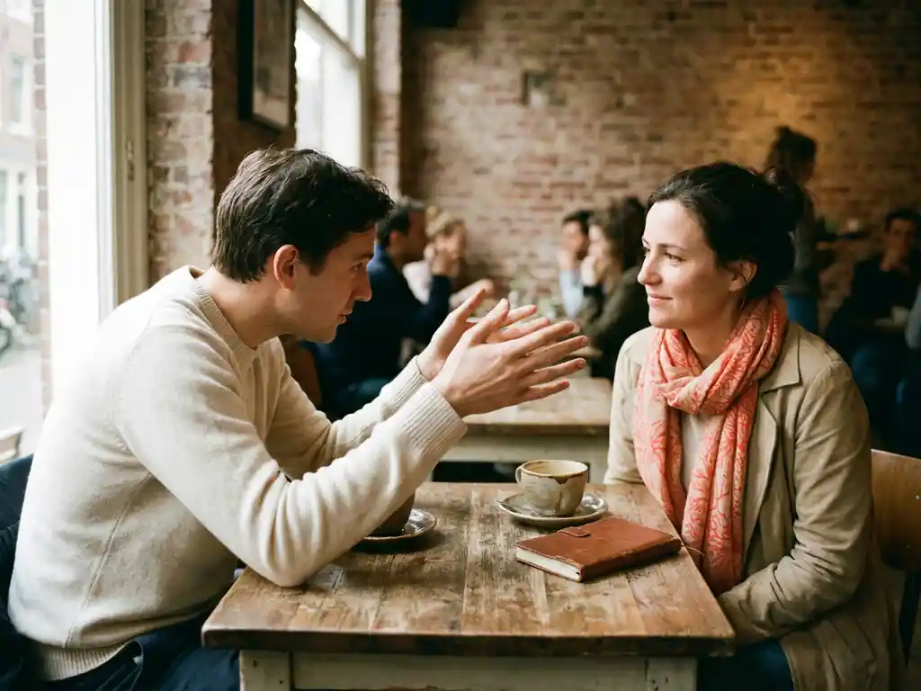Twee mensen in gesprek aan een versleten houten cafétafel in Amsterdam, met een koffiekopje en notitieboekje erbij.