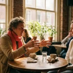 Twee mensen in gesprek aan een versleten houten cafétafel in Amsterdam, warme daglichtatmosfeer met bokeh van bakstenen muren op de achtergrond.