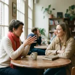 Twee mensen in gesprek aan een versleten houten cafétafel in Amsterdam, één gebarend, de ander aandachtig luisterend, keramische koffiekop en notitieboek erbij.
