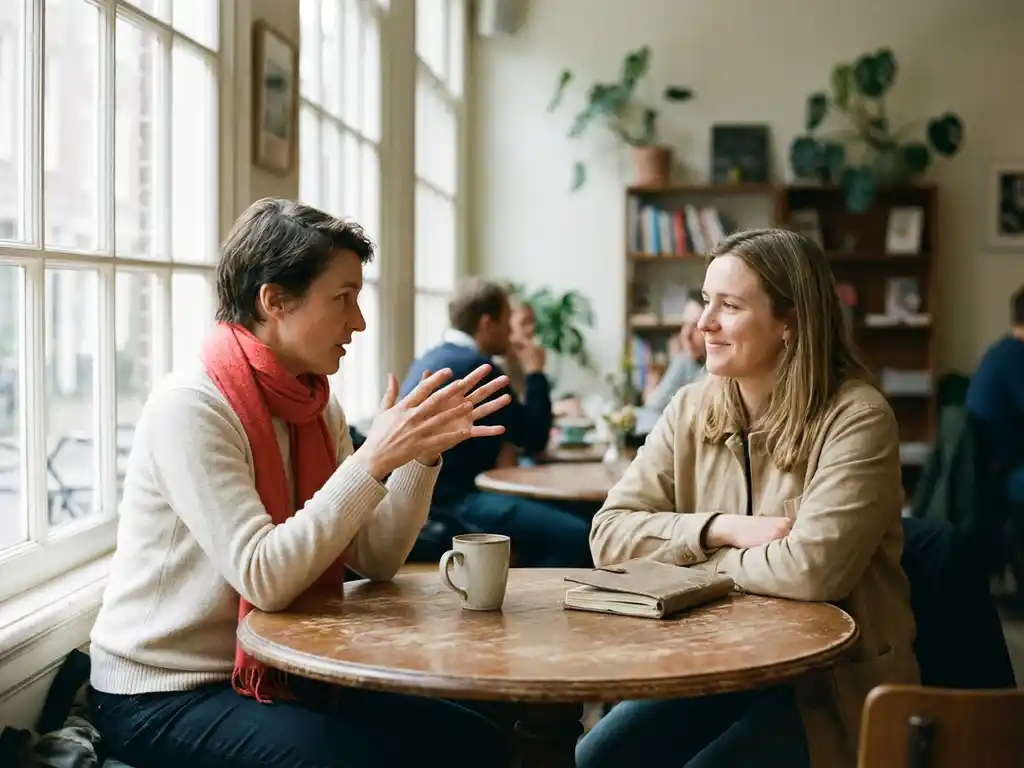 Twee mensen in gesprek aan een versleten houten cafétafel in Amsterdam, één gebarend, de ander aandachtig luisterend, keramische koffiekop en notitieboek erbij.