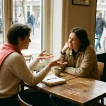 Twee mensen in gesprek aan een houten cafétafel in Amsterdam, met koffie en notitieboekje, warm daglicht door grote ramen.