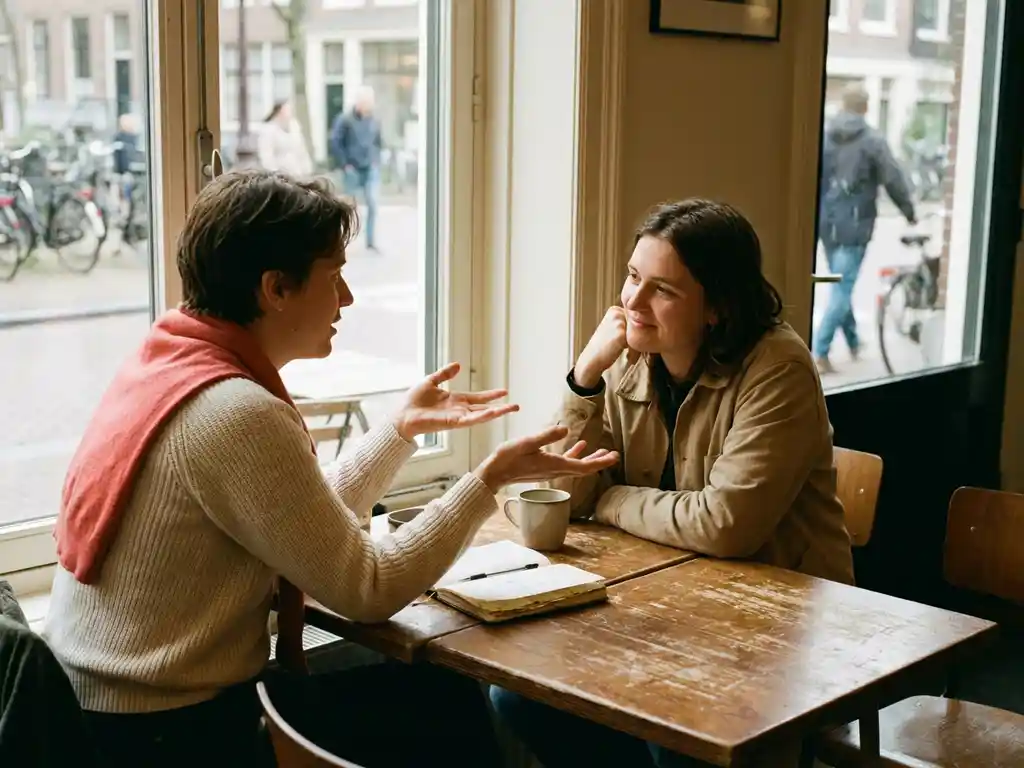 Twee mensen in gesprek aan een houten cafétafel in Amsterdam, met koffie en notitieboekje, warm daglicht door grote ramen.
