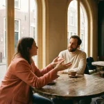 Twee mensen in gesprek aan een houten cafétafel in Amsterdam, één leunt voorover met open handen, ander luistert aandachtig.