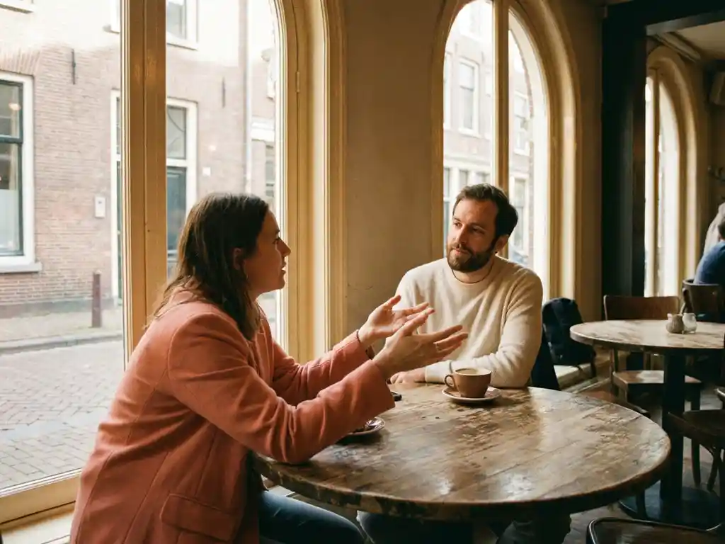 Twee mensen in gesprek aan een houten cafétafel in Amsterdam, één leunt voorover met open handen, ander luistert aandachtig.