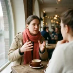 Persoon gebaart expressief aan houten cafétafel in Amsterdam, keramische koffiekop nabij, warm natuurlijk licht door groot raam.