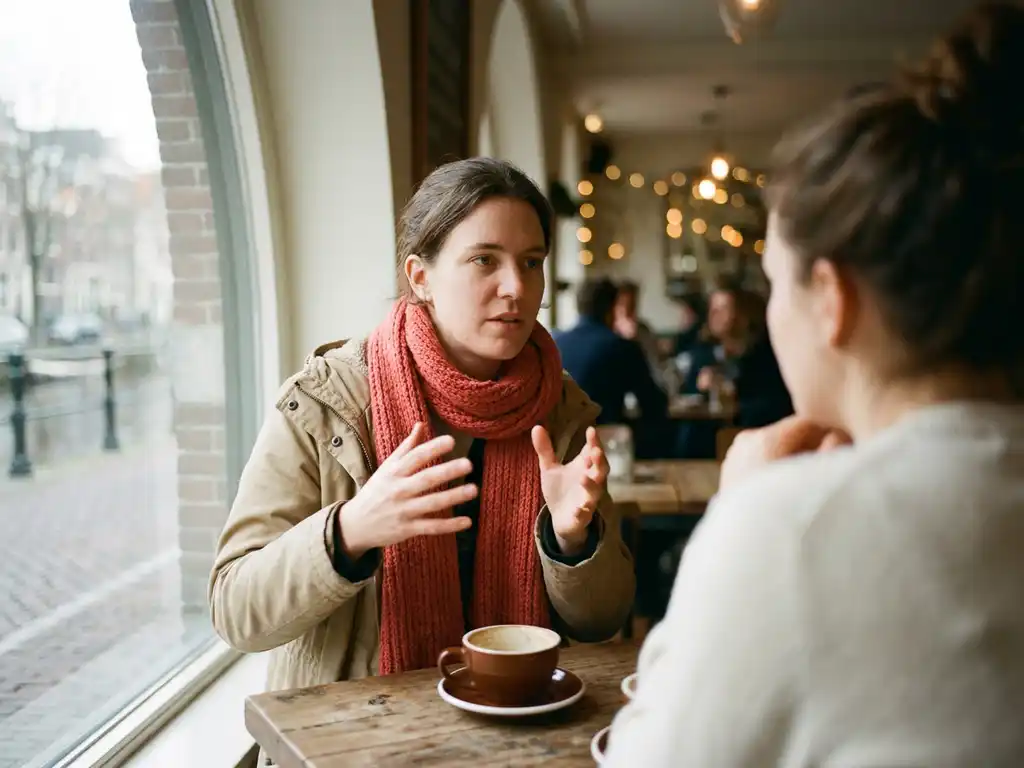 Persoon gebaart expressief aan houten cafétafel in Amsterdam, keramische koffiekop nabij, warm natuurlijk licht door groot raam.