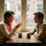 Twee mensen in gesprek aan een houten cafétafel in Amsterdam, met koffiekopjes en een koraalrood sjaal op de voorgrond.
