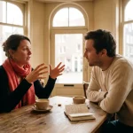 Twee mensen in gesprek aan een houten cafétafel in Amsterdam, met koffiekopjes en een notitieboekje, zacht natuurlijk daglicht.