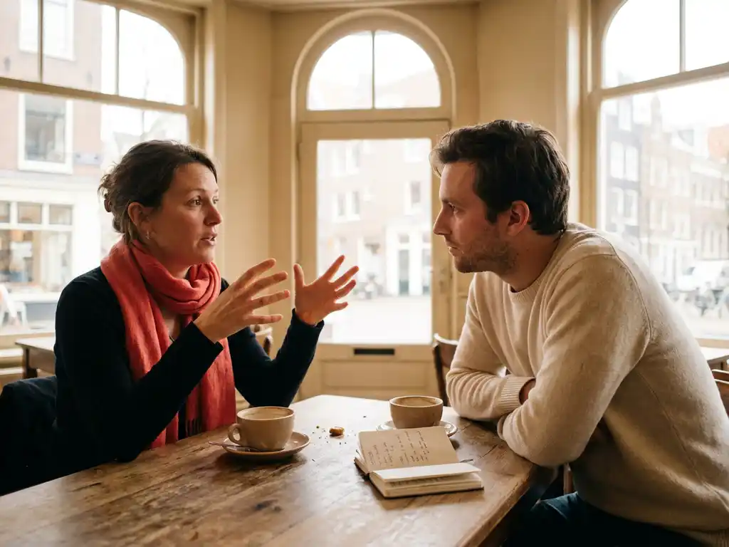 Twee mensen in gesprek aan een houten cafétafel in Amsterdam, met koffiekopjes en een notitieboekje, zacht natuurlijk daglicht.