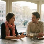 Twee mensen in gesprek aan een houten cafétafel in Amsterdam, één leunt voorover met open handen, de ander luistert aandachtig.