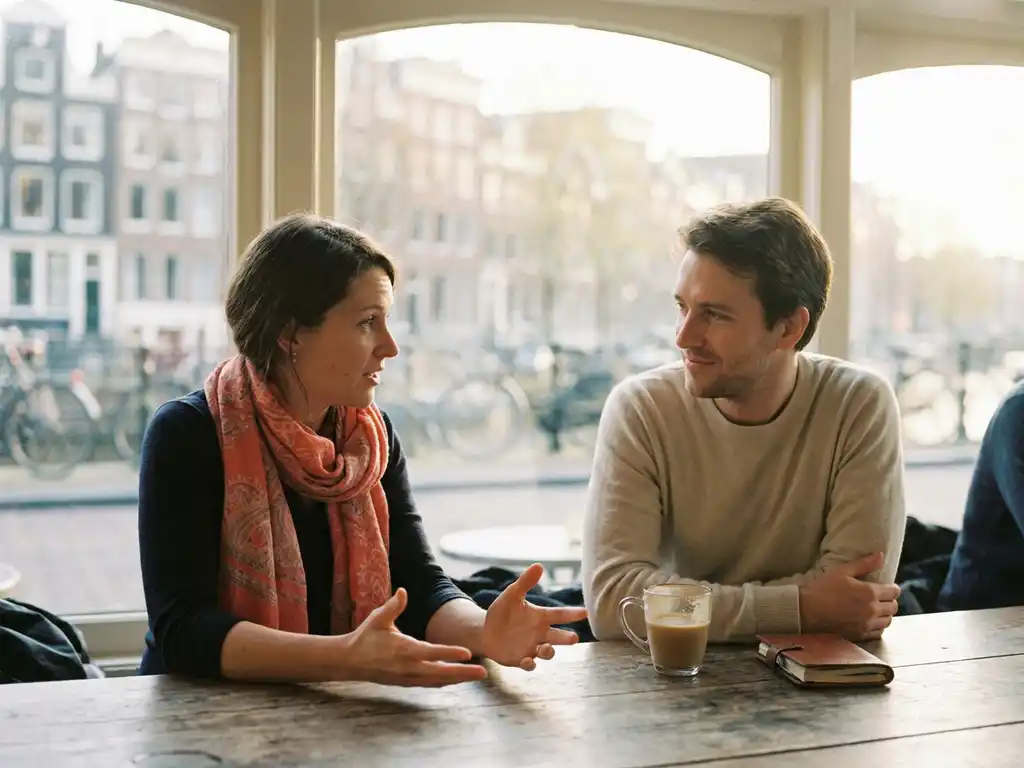 Twee mensen in gesprek aan een houten cafétafel in Amsterdam, één leunt voorover met open handen, de ander luistert aandachtig.