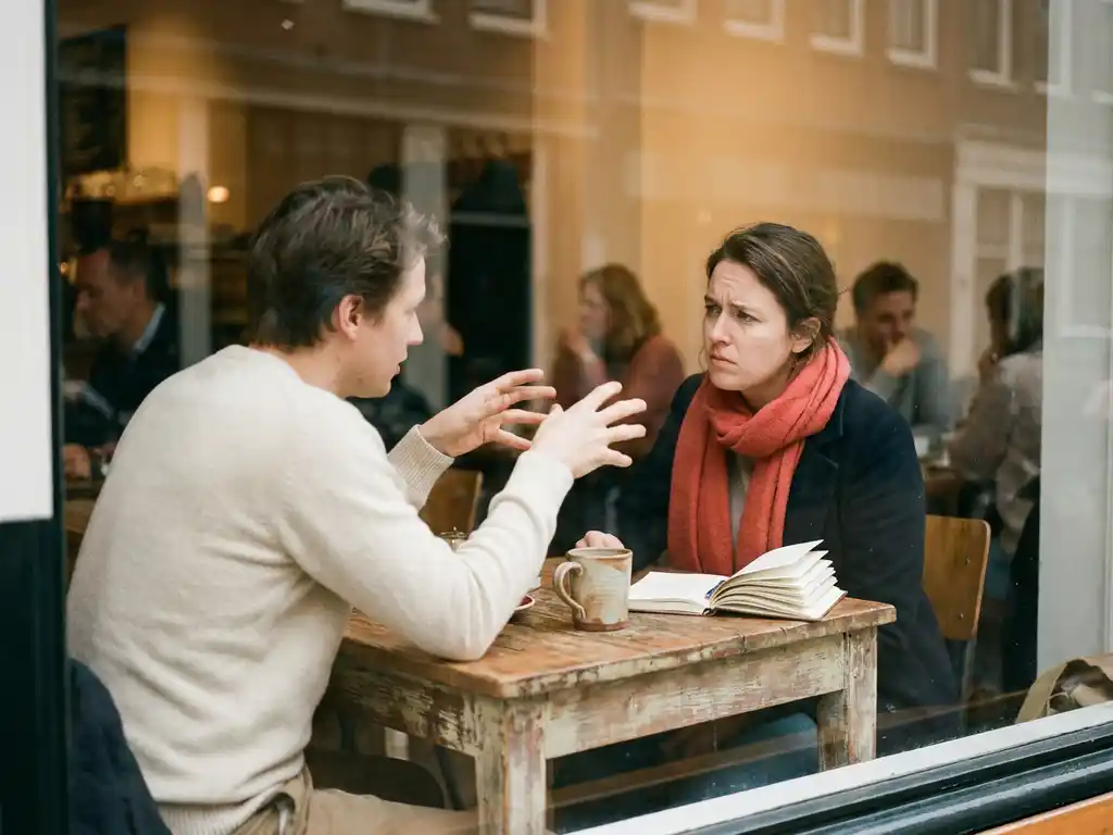 Twee mensen in gesprek aan een houten cafétafel in Amsterdam, met koffie en een open notitieboek, zachte daglichtsfeer.