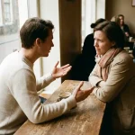 Twee mensen in gesprek aan een verweerde houten cafétafel in Amsterdam, één gebarend met open handen, de ander aandachtig luisterend.
