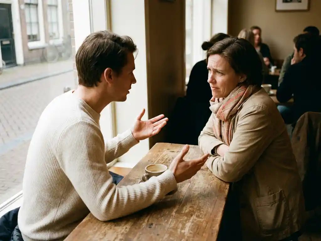 Twee mensen in gesprek aan een verweerde houten cafétafel in Amsterdam, één gebarend met open handen, de ander aandachtig luisterend.