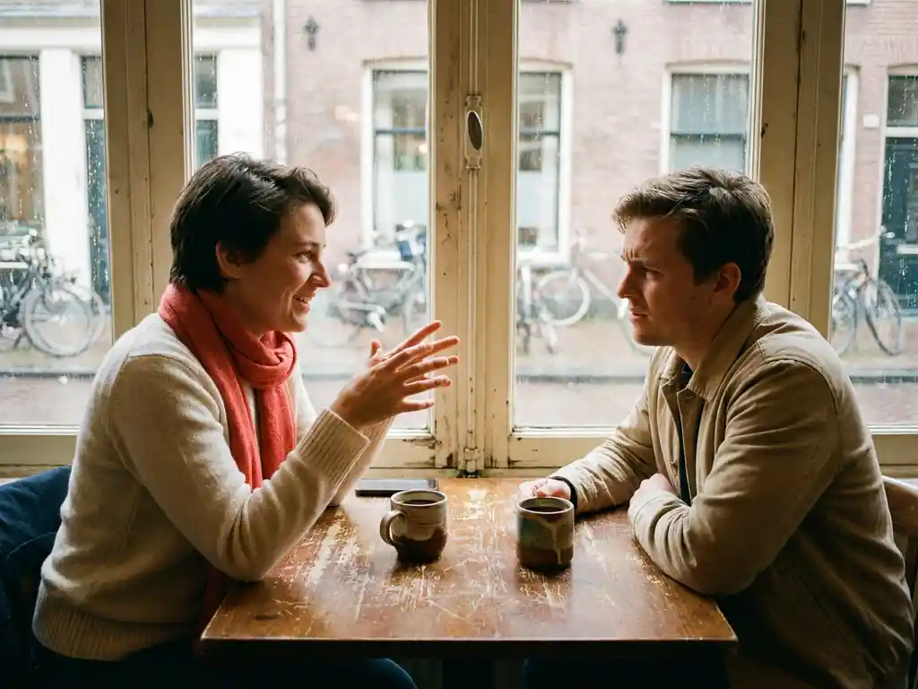 Twee mensen in gesprek aan een houten cafétafel in Amsterdam, met koffiekopjes en een koraalrood sjaal op de voorgrond.