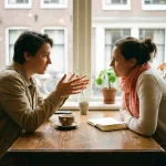 Twee mensen in gesprek aan een houten cafétafel in Amsterdam, met koffie en notitieboekje, in warm natuurlijk daglicht.