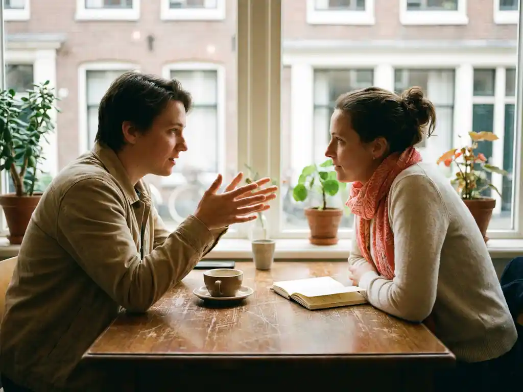 Twee mensen in gesprek aan een houten cafétafel in Amsterdam, met koffie en notitieboekje, in warm natuurlijk daglicht.