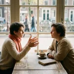 Twee mensen in gesprek aan een verweerde houten caféttafel in Amsterdam, één leunt voorover met open handen terwijl de ander aandachtig luistert.