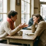 Twee mensen in gesprek aan een houten cafétafel in Amsterdam, één leant voorover met open handen, de ander luistert glimlachend.