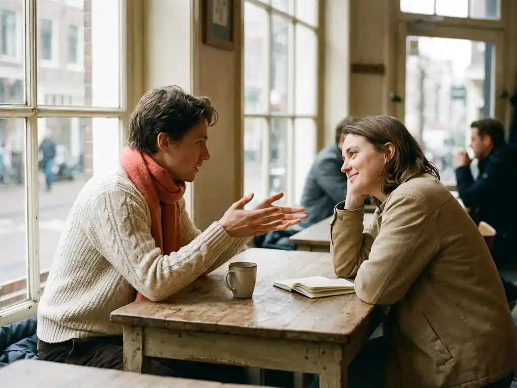 Twee mensen in gesprek aan een houten cafétafel in Amsterdam, één leant voorover met open handen, de ander luistert glimlachend.