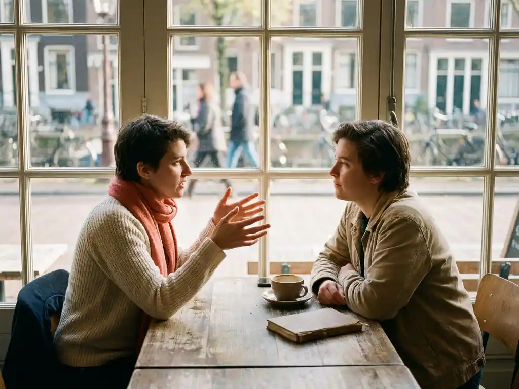 Twee mensen in gesprek aan een verweerde houten caféttafel in Amsterdam, één leunt voorover met open handen terwijl de ander aandachtig luistert.