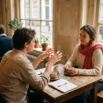 Twee mensen in gesprek aan een houten cafétafel in Amsterdam, met koffiekopjes en een open notitieboek in warm daglicht.