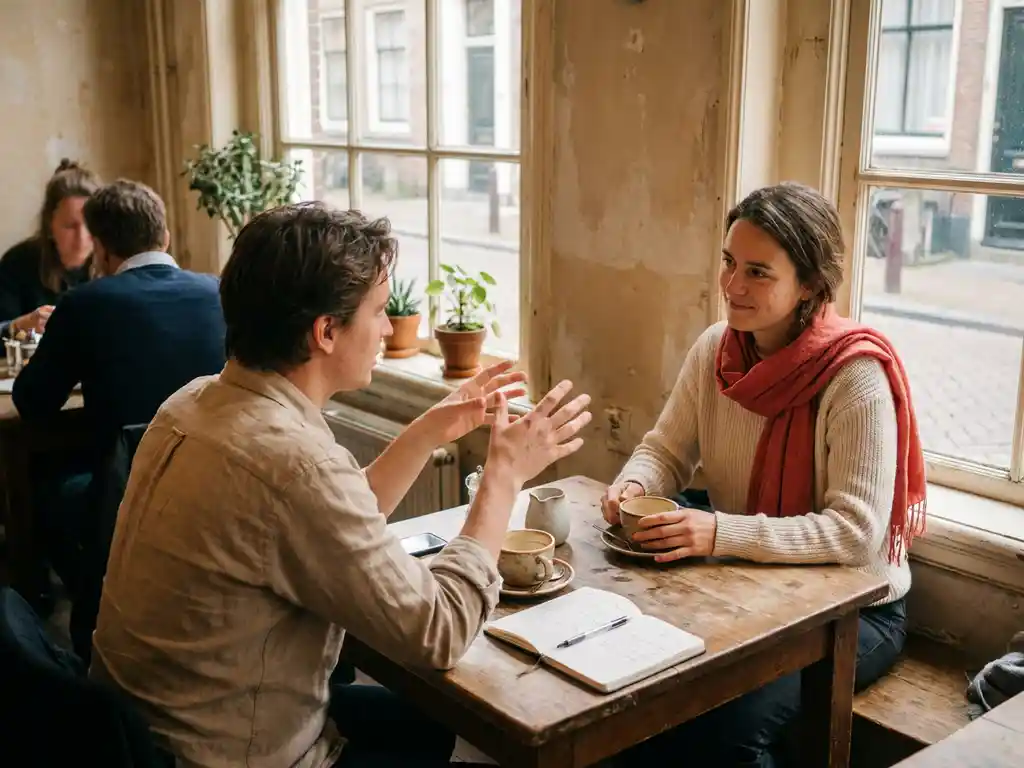 Twee mensen in gesprek aan een houten cafétafel in Amsterdam, met koffiekopjes en een open notitieboek in warm daglicht.