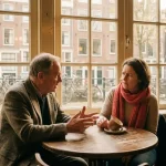 Twee mensen in gesprek aan een versleten houten cafétafel in Amsterdam, één leunt voorover met open handen terwijl de ander aandachtig luistert.