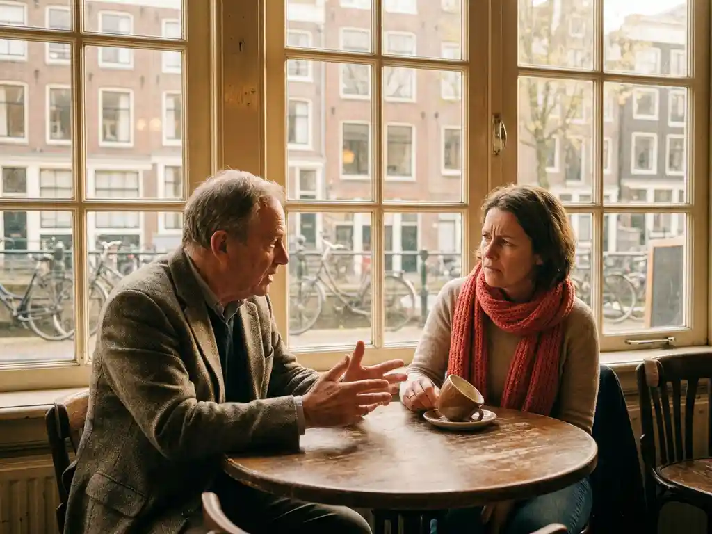 Twee mensen in gesprek aan een versleten houten cafétafel in Amsterdam, één leunt voorover met open handen terwijl de ander aandachtig luistert.