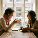 Twee mensen in gesprek aan een houten cafétafel in Amsterdam, één gebarend met open handen, keramische koffiekop en notitieboekje erbij.