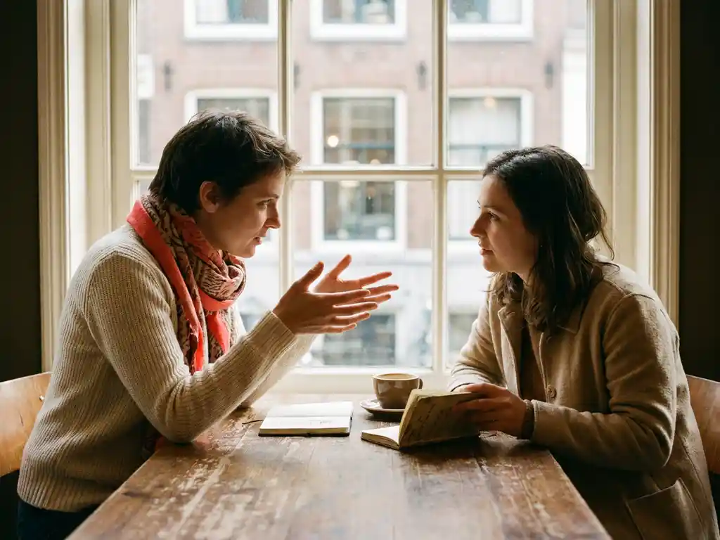 Twee mensen in gesprek aan een houten cafétafel in Amsterdam, één gebarend met open handen, keramische koffiekop en notitieboekje erbij.