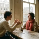 Twee mensen in gesprek aan een houten cafétafel in Amsterdam, met een koffiekopje en zacht natuurlijk daglicht.