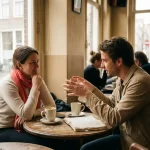 Twee mensen in gesprek aan een houten cafétafel in Amsterdam, met koffie en een opengeslagen notitieboek.