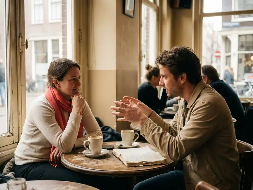 Twee mensen in gesprek aan een houten cafétafel in Amsterdam, met koffie en een opengeslagen notitieboek.