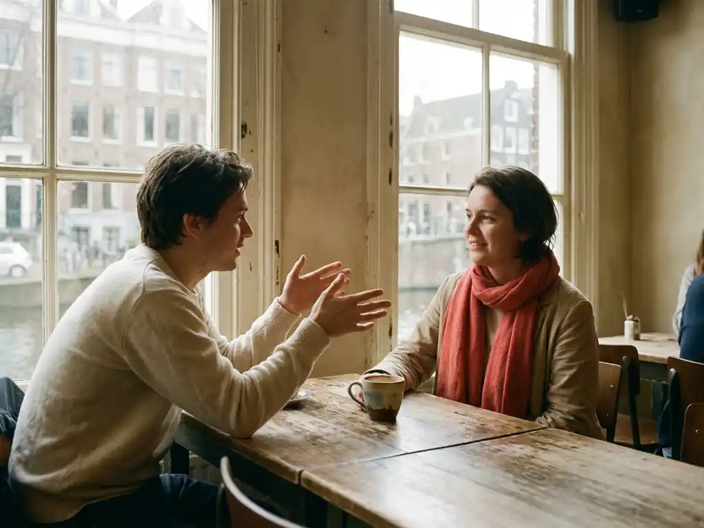 Twee mensen in gesprek aan een houten cafétafel in Amsterdam, met een koffiekopje en zacht natuurlijk daglicht.