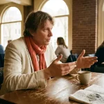 Persoon in levendig gesprek aan een versleten houten cafétafel in Amsterdam, handen gebarend, keramische koffiekop en verfrommeld notitieboek zichtbaar.