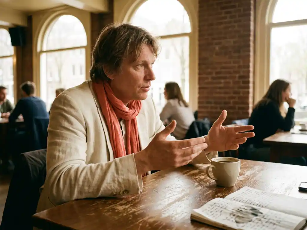 Persoon in levendig gesprek aan een versleten houten cafétafel in Amsterdam, handen gebarend, keramische koffiekop en verfrommeld notitieboek zichtbaar.