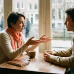 Twee mensen in gesprek aan een houten cafétafel in Amsterdam, met keramische koffiekopjes en een notitieboekje, zacht daglicht door grote ramen.