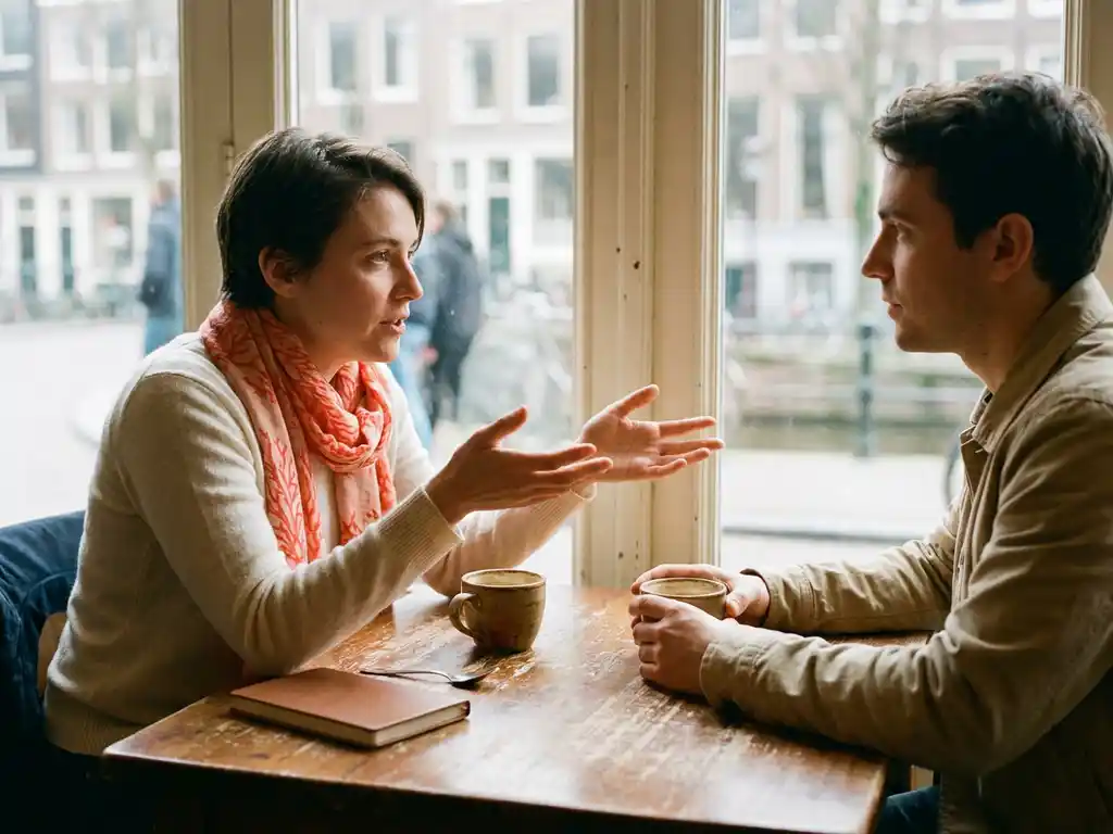 Twee mensen in gesprek aan een houten cafétafel in Amsterdam, met keramische koffiekopjes en een notitieboekje, zacht daglicht door grote ramen.