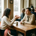 Twee mensen in gesprek aan een versleten houten cafétafel in Amsterdam, één leunt voorover met open handen, de ander luistert aandachtig.