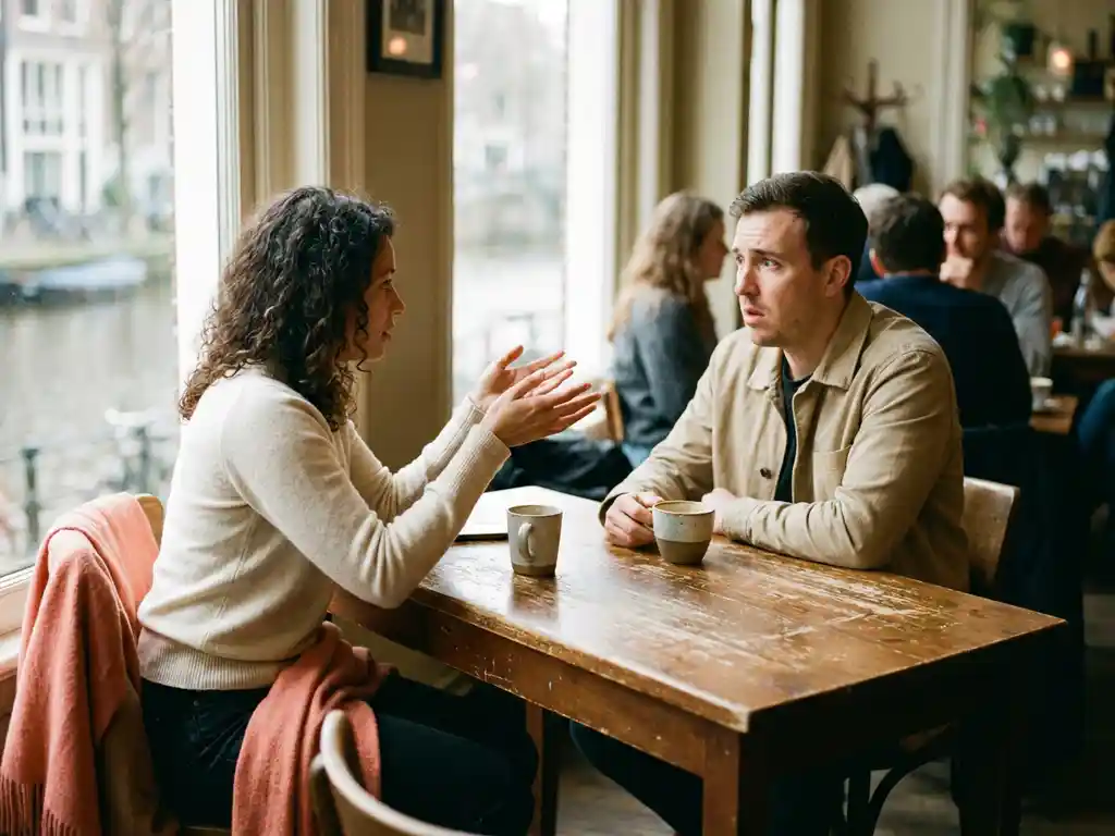 Twee mensen in gesprek aan een versleten houten cafétafel in Amsterdam, één leunt voorover met open handen, de ander luistert aandachtig.