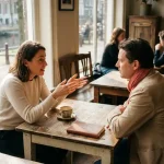 Twee mensen in gesprek aan een versleten houten cafétafel in Amsterdam, met een koffiekopje en notitieboekje erbij.