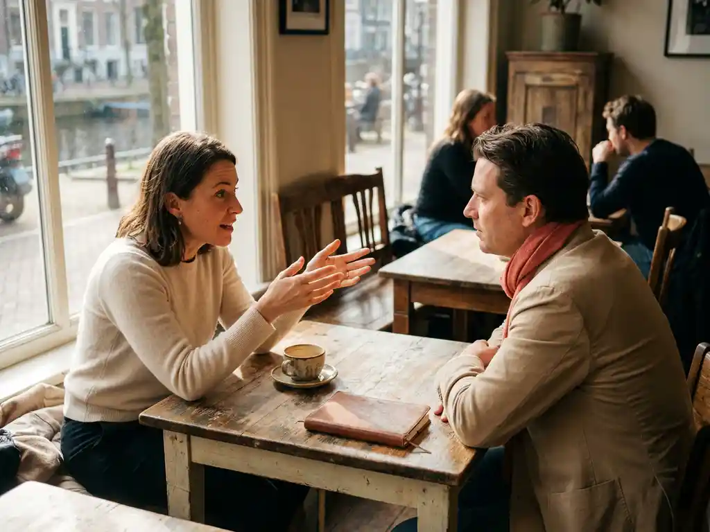 Twee mensen in gesprek aan een versleten houten cafétafel in Amsterdam, met een koffiekopje en notitieboekje erbij.